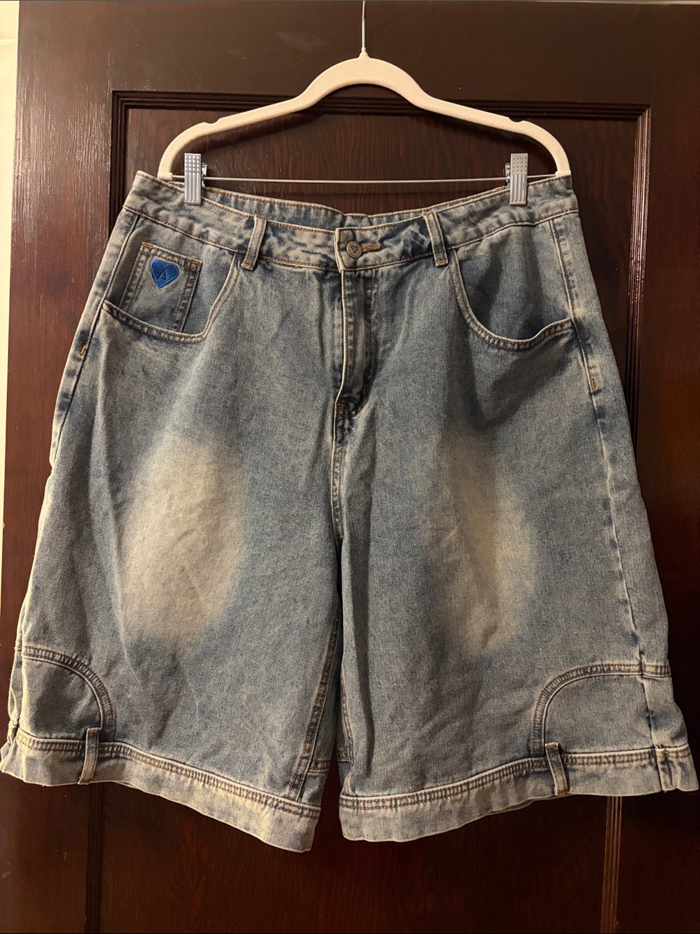 Aelfric Eden Light Blue Denim Jean Shorts with Blue Heart Patch, size 36W